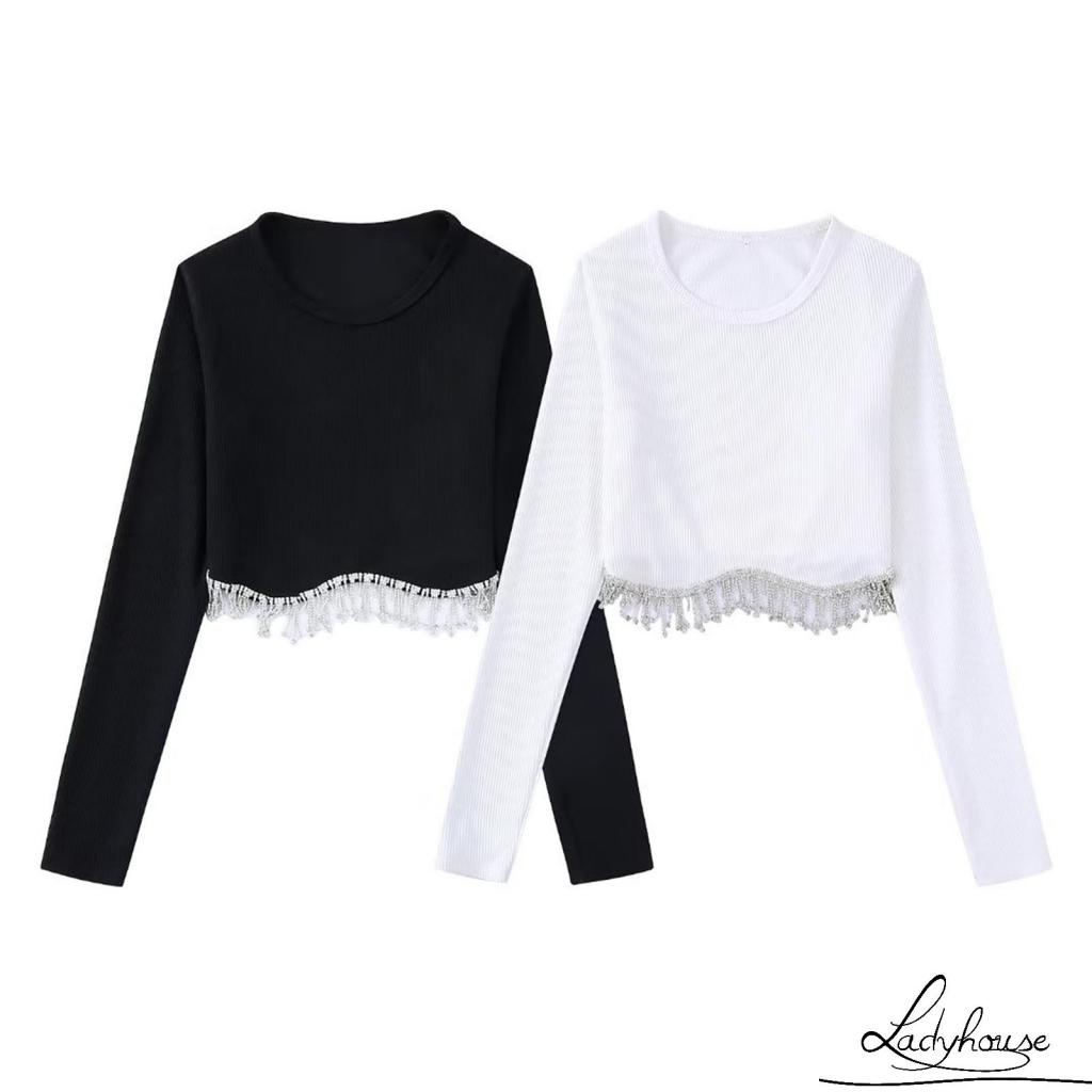 Áo Kiểu Tay Dài Cổ Tròn Phối Tua Rua Màu Tương Phản Thời Trang Xuân Thu Cho Nữ