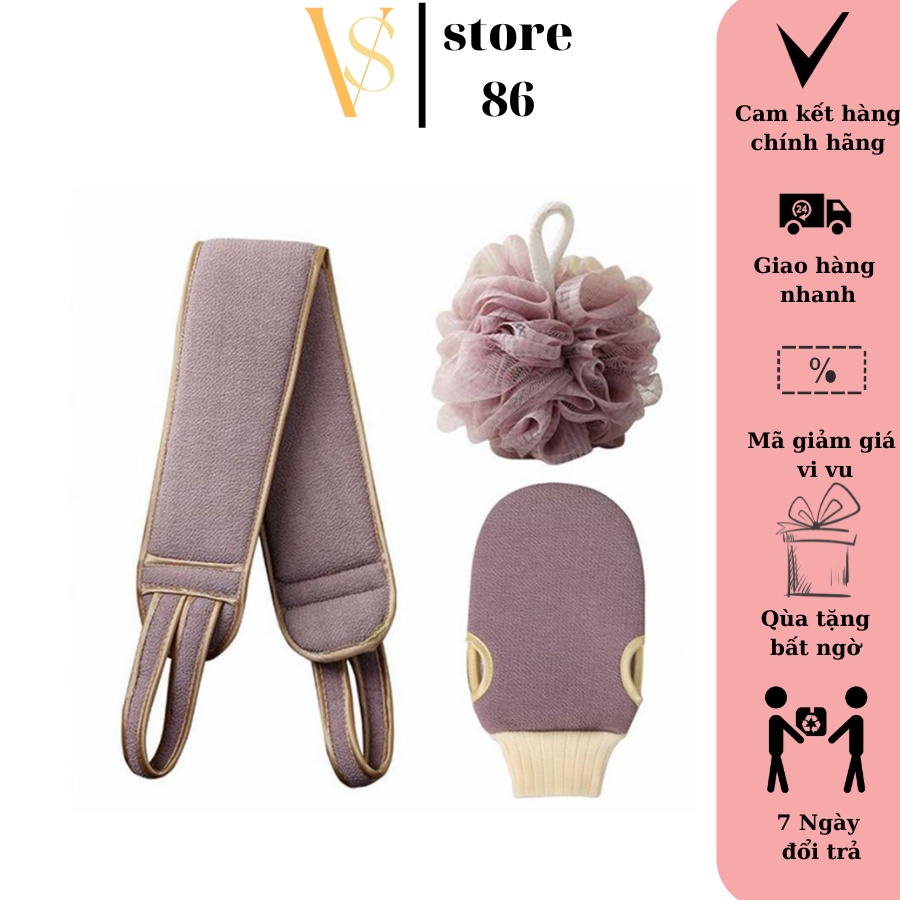 Bộ dây bàn chải dài chà lưng và bông tắm xơ mướp cùng găng tay tắm 3 trong 1-Dụng cụ tắm kì cọ tẩy tế bào chết VS STORE