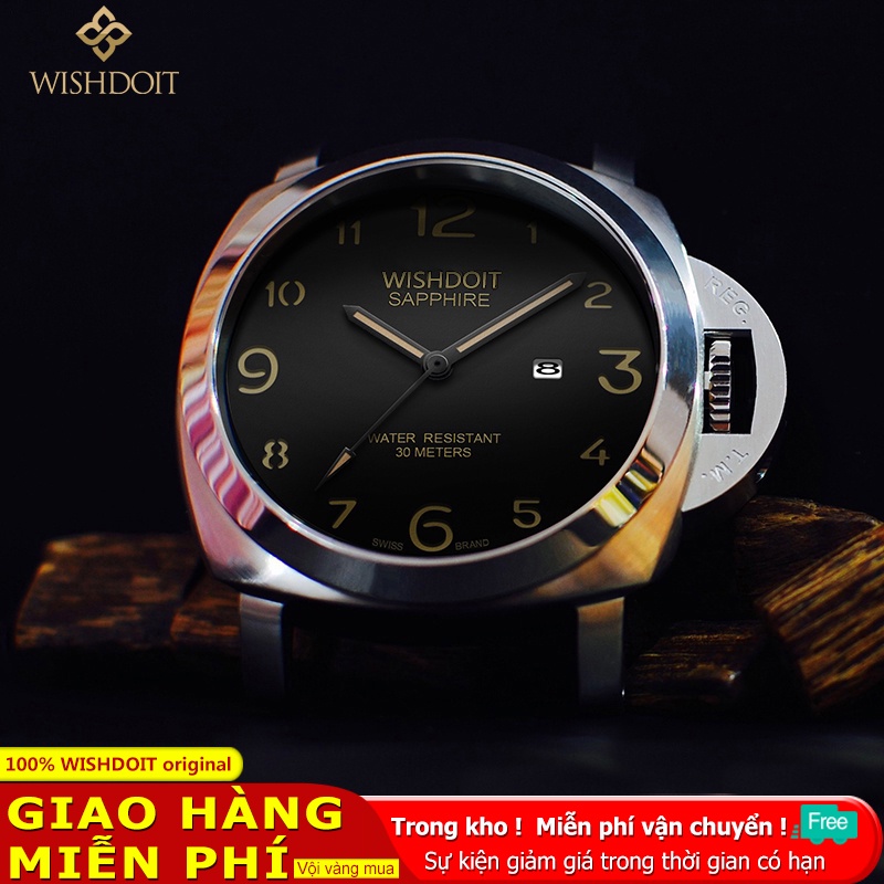Đồng hồ thể thao WISHDOIT màu đen chống thấm nước bằng thép không gỉ phối dây da thời trang cho nam