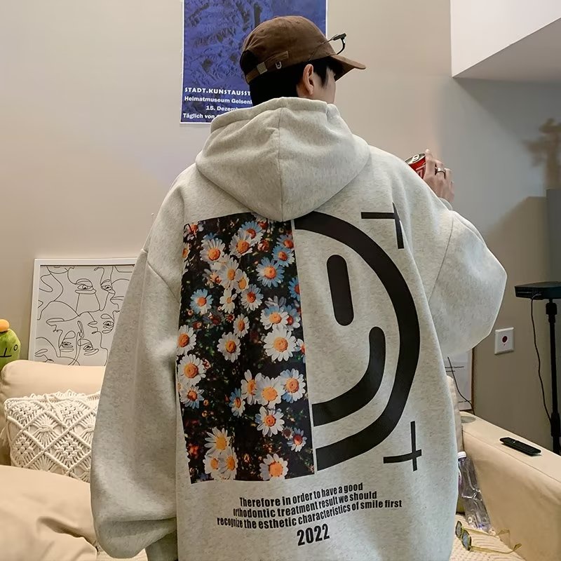 Áo Hoodie Tay Dài Dáng Rộng In Họa Tiết Hoa Cúc Mặt Cười Phong Cách Hip hop Thời Trang Cho Nam Size M-3XL
