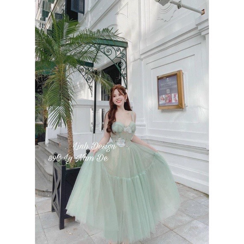 Đầm dự tiệc 2 dây lưới phối hoa xinh đẹp váy nữ công chúa cá tính sang trọng quyến rũ
