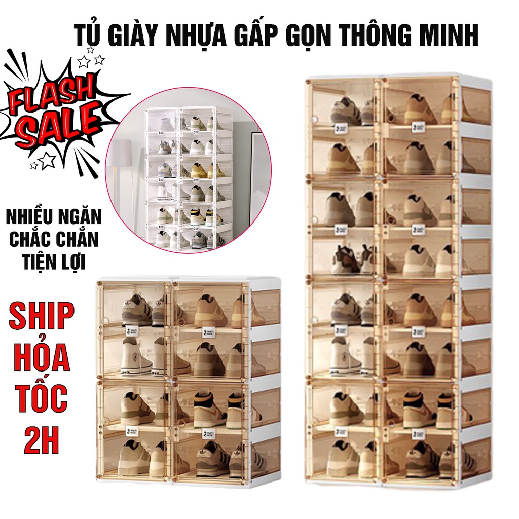 Tủ giày nhựa Ant Box gấp gọn thông minh , Hộp đựng giày dép cửa nhựa trong suốt cao cấp đựng từ 8 - 20 đôi
