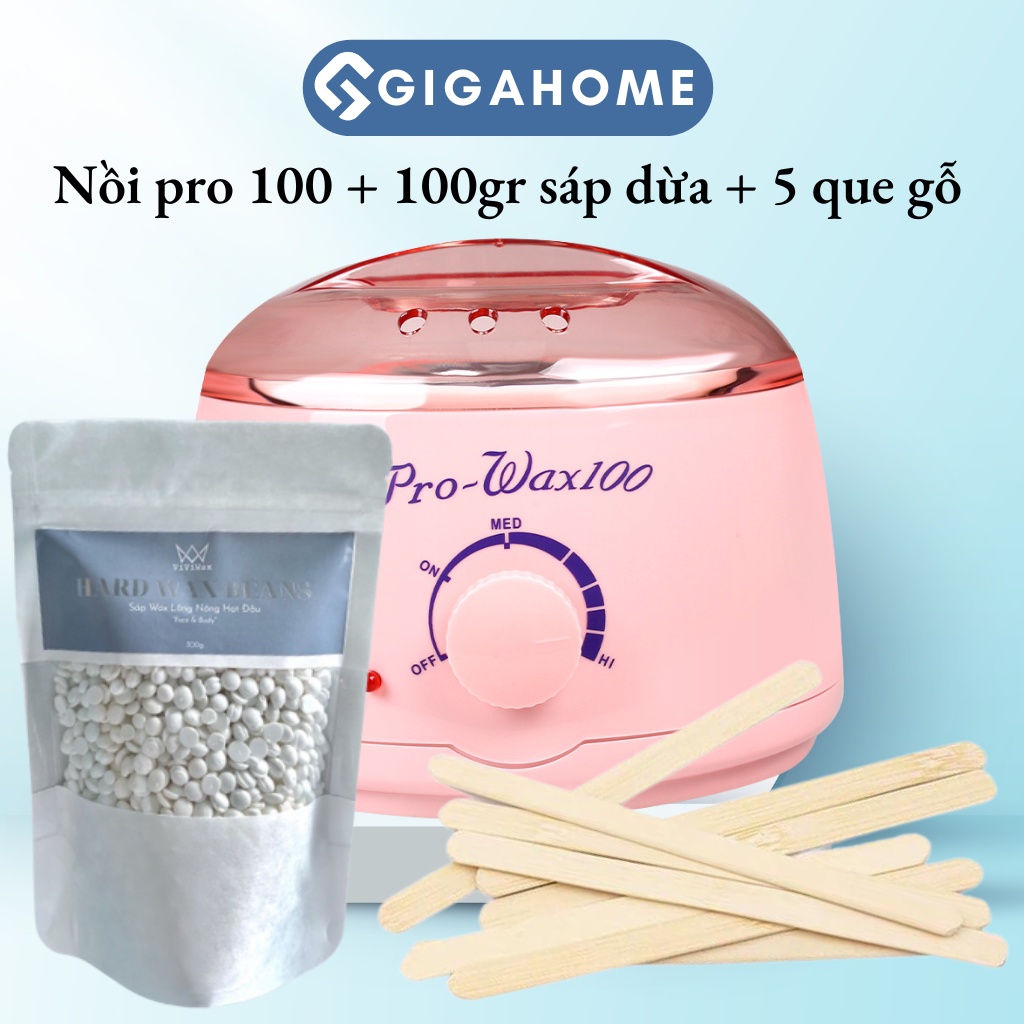 Combo Nồi Nấu Sáp Wax Lông Pro Wax 100 + 100gr Sáp Dừa Cao Cấp + 5 Que Gỗ GIGAHOME