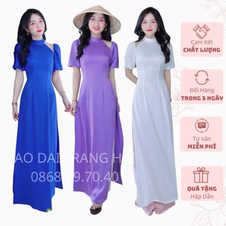 Áo dài cách tân tay chun bồng vổ cao 2cm đính kết hạt viền cổ, vai phối voan lưới tạo điểm nhấn