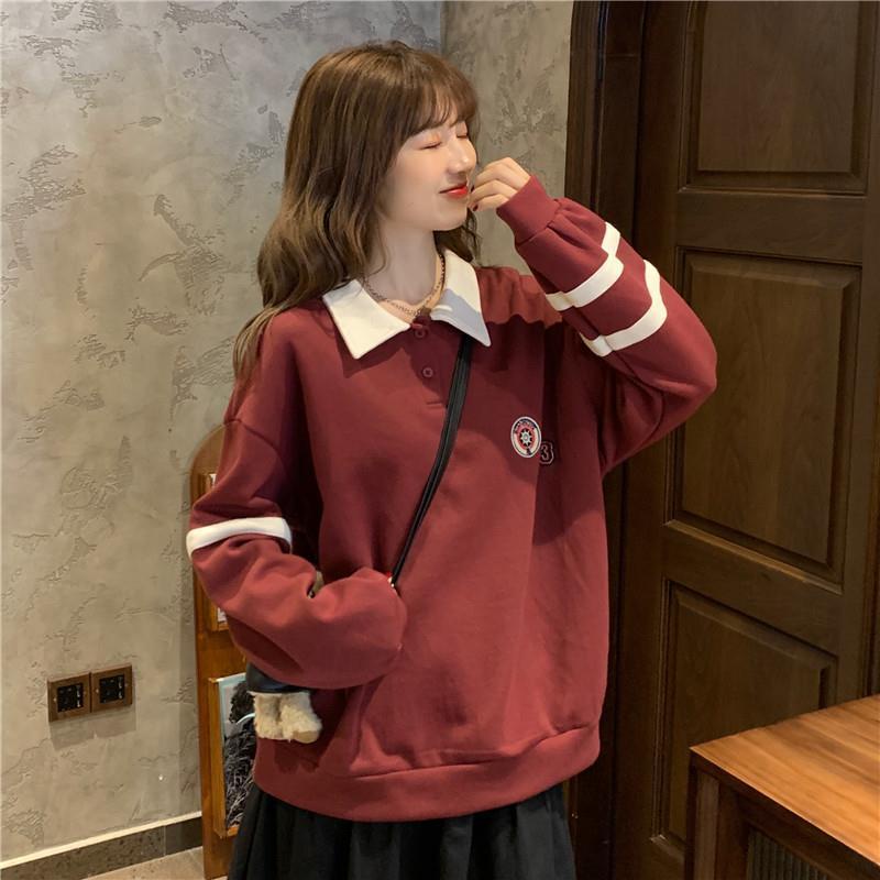 Áo Hoodie Lông Dày Dặn Cổ Bẻ Dáng Rộng In Họa Tiết Phối Nút Thời Trang Hàn Quốc