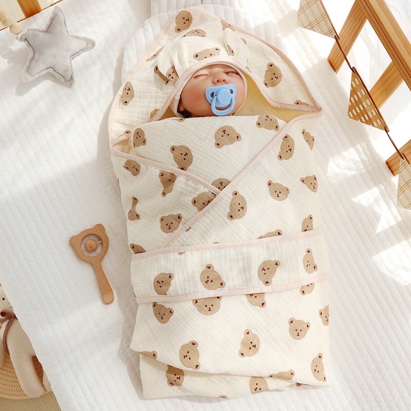 Chăn ủ xô trần bông có mũ có đai xô muslin hàng cao cấp 90x90cm hình gấu thỏ đáng yêu