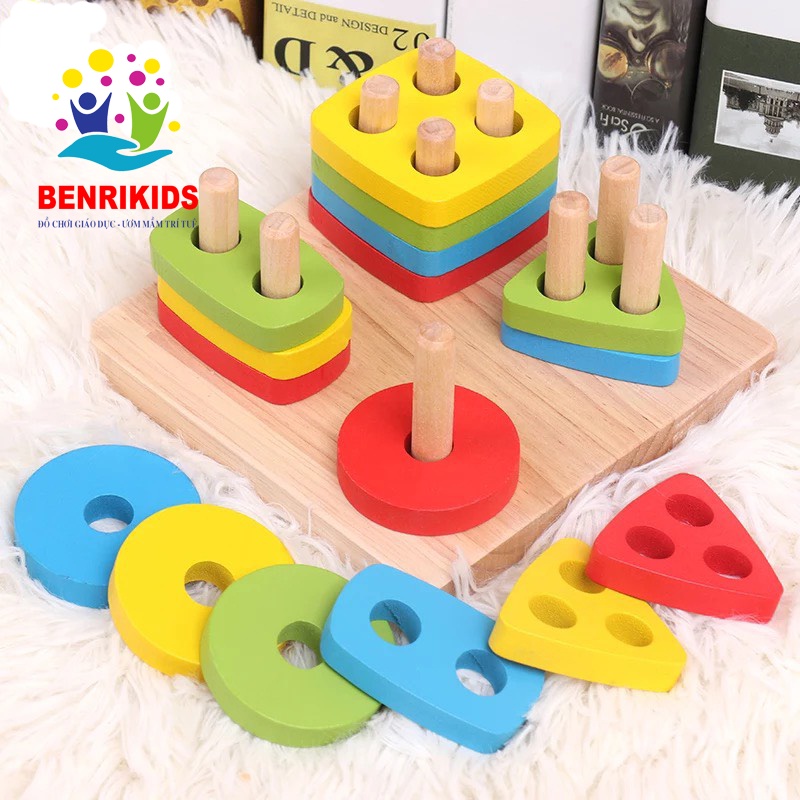 Bộ Thả Hình Khối Cọc Trụ Bằng Gỗ, Đồ Chơi Trí Tuệ Montessori Cho Bé Học Hình Khối Học Màu Sắc