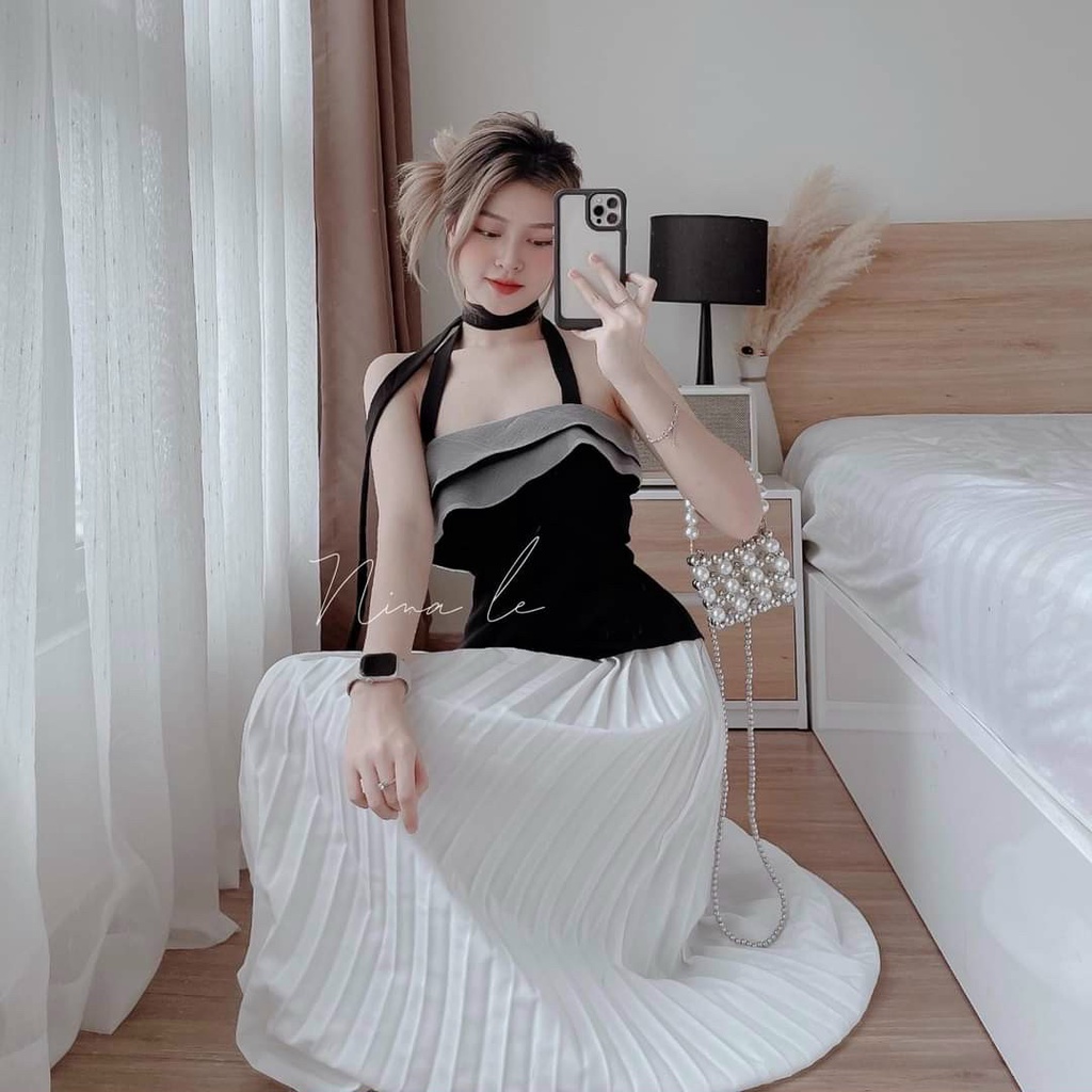 Set chân váy voan dập ly  kèm áo cột dây  sang chảnh