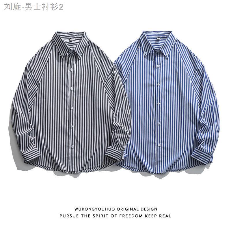 Kemeja lelaki Áo Thun cotton Tay Dài Kẻ Sọc Dọc Thêu Họa Tiết Phong Cách retro Nhật Bản