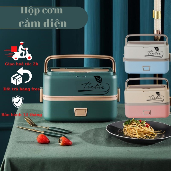 Hộp cơm cắm điện 2 tầng đa năng inox 304, Nồi điện mini văn phòng du lịch nấu hấp hầm luộc các loại thực phẩm TieTie
