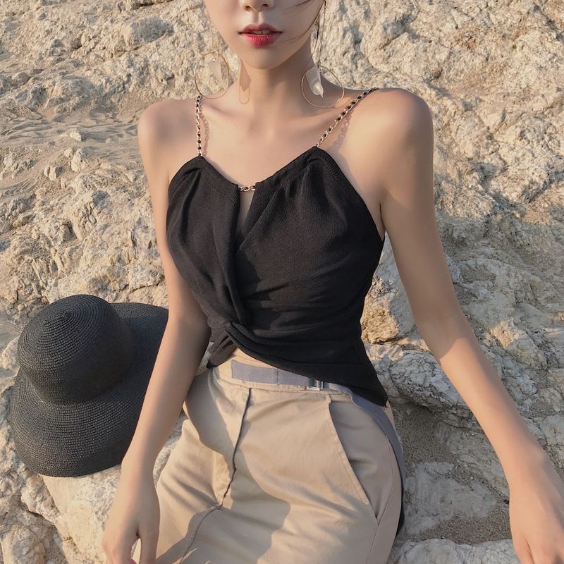 Áo croptop không tay màu trơn xinh xắn cho nữ,  Áo dây họa tiết xếp ly phối dây xích quyến rũ - O2D13