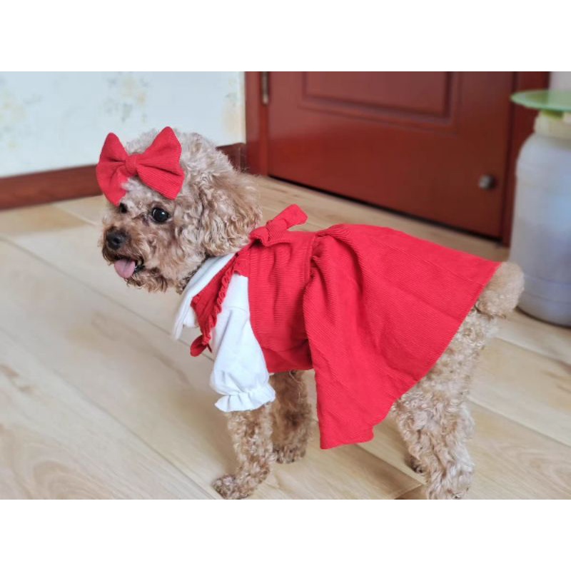 Set Áo Yếm Chó Mèo Thú Cưng Kèm Nơ Cài Đầu Màu Đỏ Dễ Thương