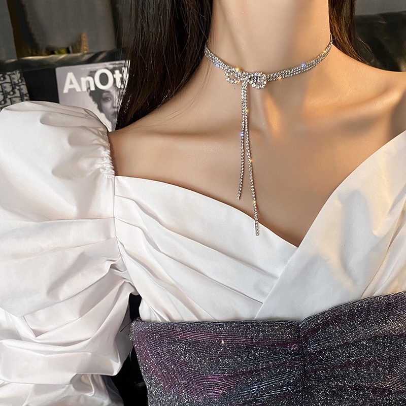 Vòng cổ Mặt Nơ Đính Đá zircon Toàn Bộ Phong Cách Hàn Quốc Dự Tiệc Cho Nữ