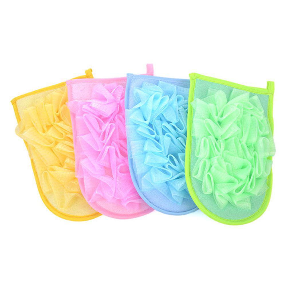 (runbu) Găng Tay Tắm Unisex Bằng Xơ Mướp Phối Lưới Hình Bông Hoa Màu Sắc Ngẫu Nhiên