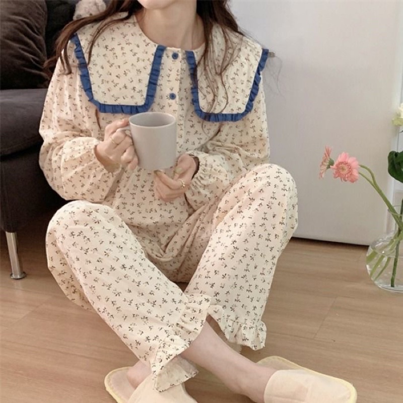 Set bộ ngủ dài tay cổ bèo hoạ tiết dễ thương new 2022