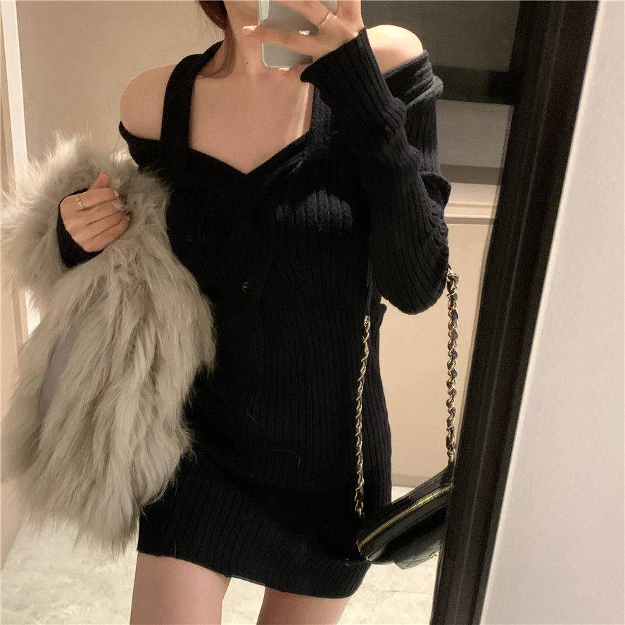 Váy body Đầm body Đầm Dệt Kim Tay Dài Hở Vai Màu Xám / Xanh Dương Thời Trang Mùa Thu Hàng Mới 2021 Dành Cho Bạn Nữ