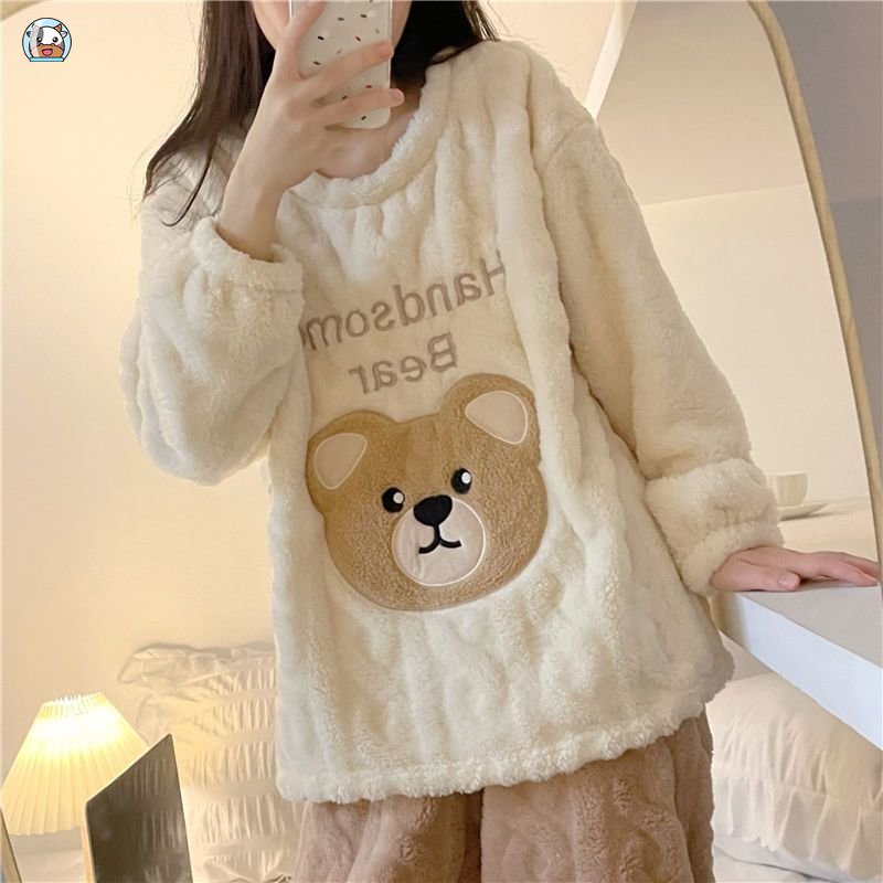Bộ Đồ Ngủ Tay Dài Chất Nỉ Dày Dặn In Họa Tiết Hoạt Hình Chú Gấu Dễ Thương Thời Trang Thu Đông Cho Nữ