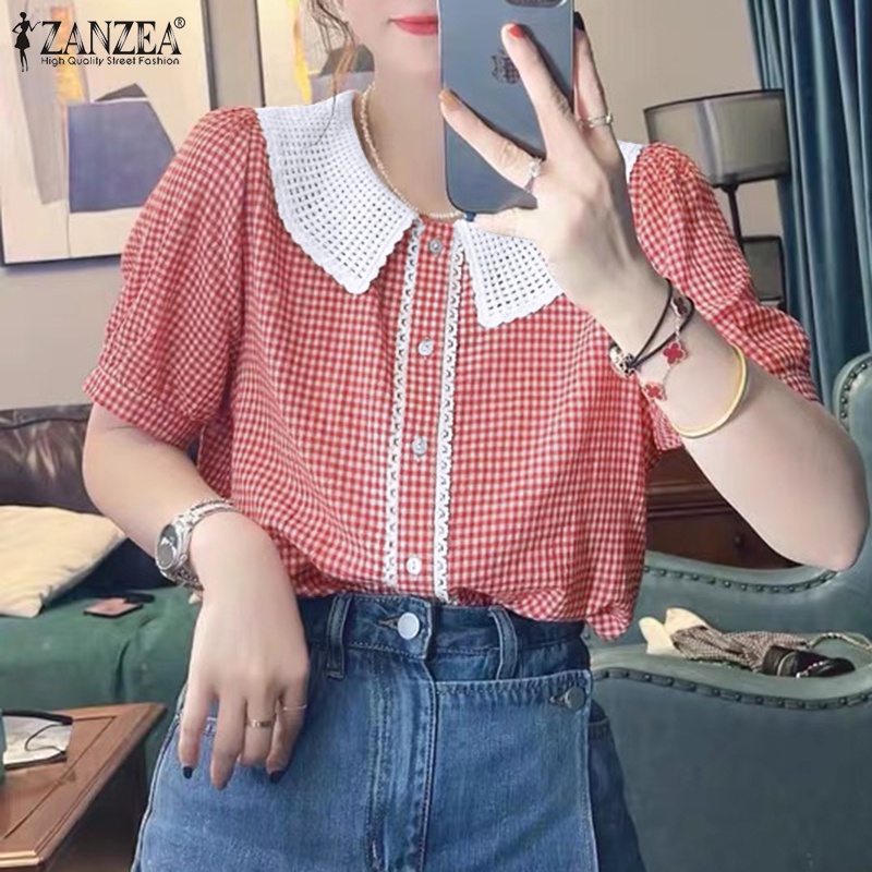 ZANZEA Women Sweet Plaid Doll Collar Stitching Lace Puff Short Sleeve Top