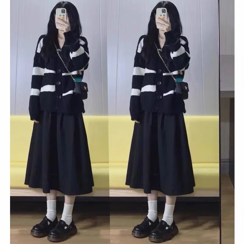 Áo khoác Cardigan len nữ dáng dài, áo khoác len hàn quốc màu đen trắng ngựa vằn A332 SUTANO