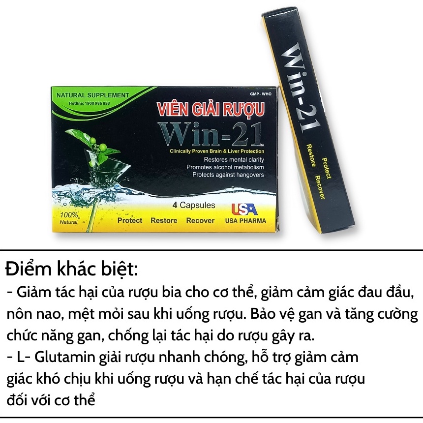 Viên giải rượu Win-21 USA hộp 4V, Uống 2 viên chống say trước khi uống rượu bia, Giúp giải rượu nhanh chóng giải độc gan