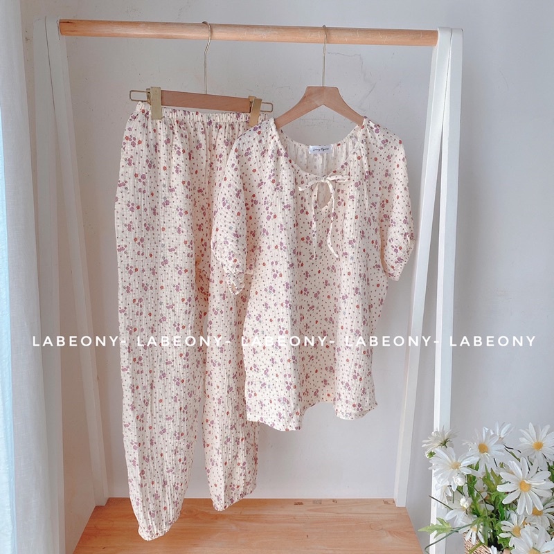 Đồ bộ nữ mặc nhà pyjama cổ tròn hoa Tulip ngắn dài xô muslin Labeony