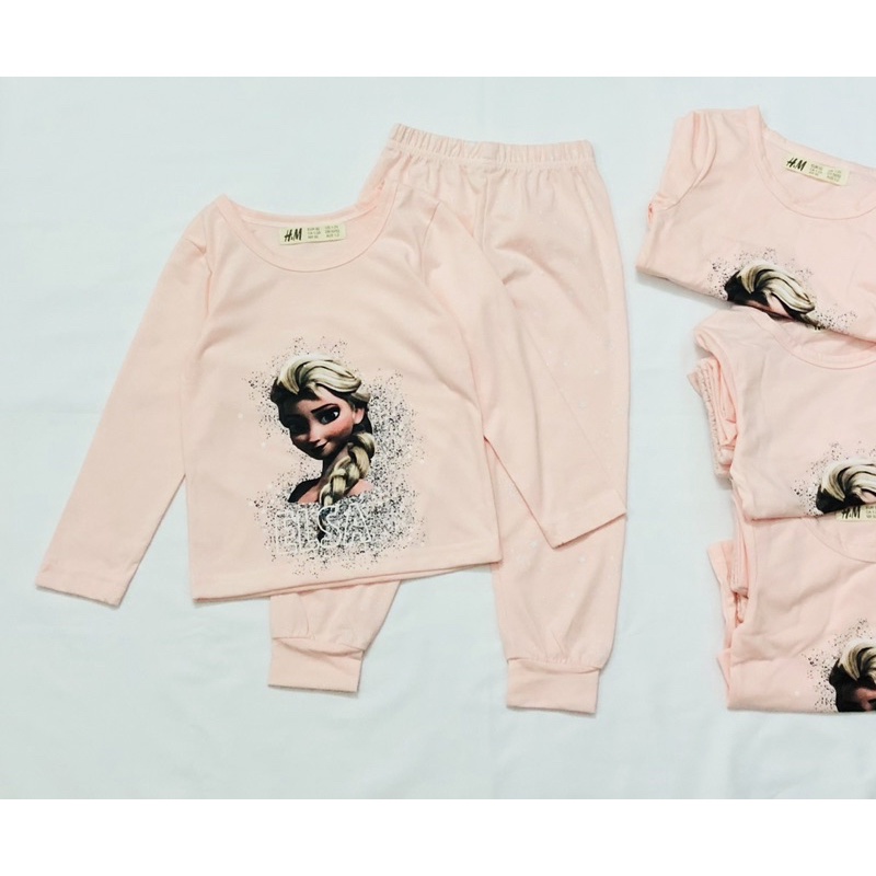 Bộ cotton dài tay in hình Elsa cho bé gái màu hồng size từ 12-30 cân