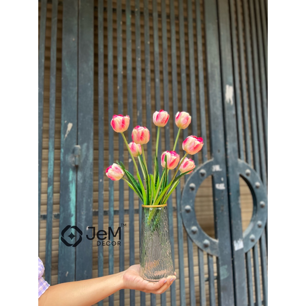 Hoa tulip cành kép 3 bông, hoa lụa giả, trang trí nhà cửa