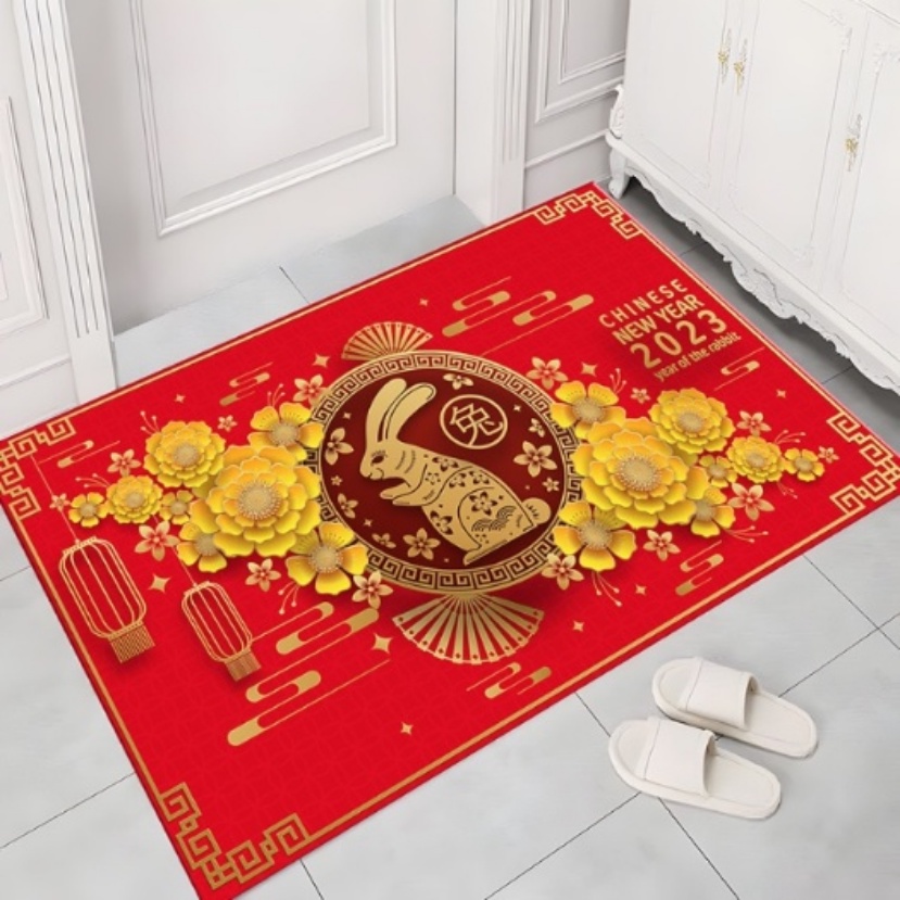 [Hàng Có Sẵn] 2023 Thảm Lót Sàn Hấp Thụ Nước Chống Trượt Hình Thỏ CNY Năm Mới Thảm lót sàn trang trí màu đỏ