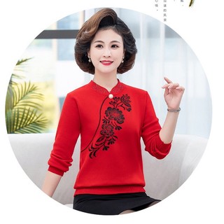 Áo len trung niên nữ cổ cao , Áo len trung niên cổ tàu phối hoa sang trọng thanh lịch, Chất liệu len dày mịn