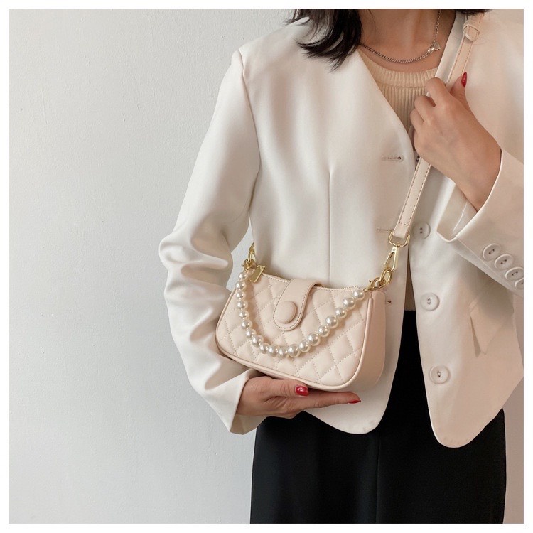 Túi Xách Nữ Đẹp Trần Trám Khoá Lắp Cúc Kèm Dây Ngọc, Đeo Chéo Đeo Vai Phong Cách Trẻ Trung