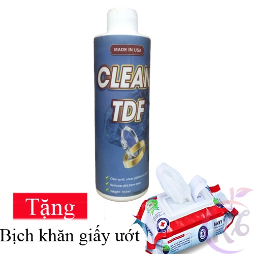 Nước tẩy rửa trắng trang sức, nữ trang, vàng, bạc Clean TDF chai 300ml Tặng 1 bịch khăn giấy ướt 80 tờ