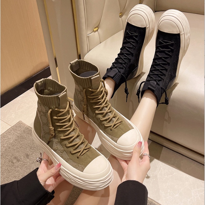 Giày sneaker cổ cao nữ vải len tăm cao cấp đế sóng tăng chiều cao 2022