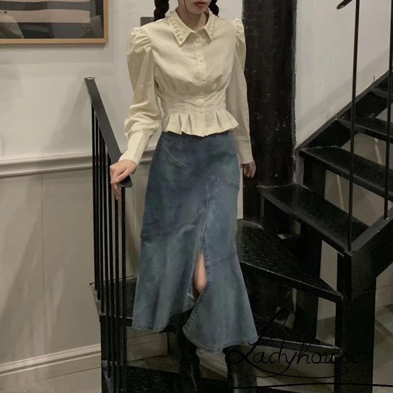 Áo Sơ Mi Ngắn Tay Dài Đính Nút Ngọc Trai Dành Cho Nữ