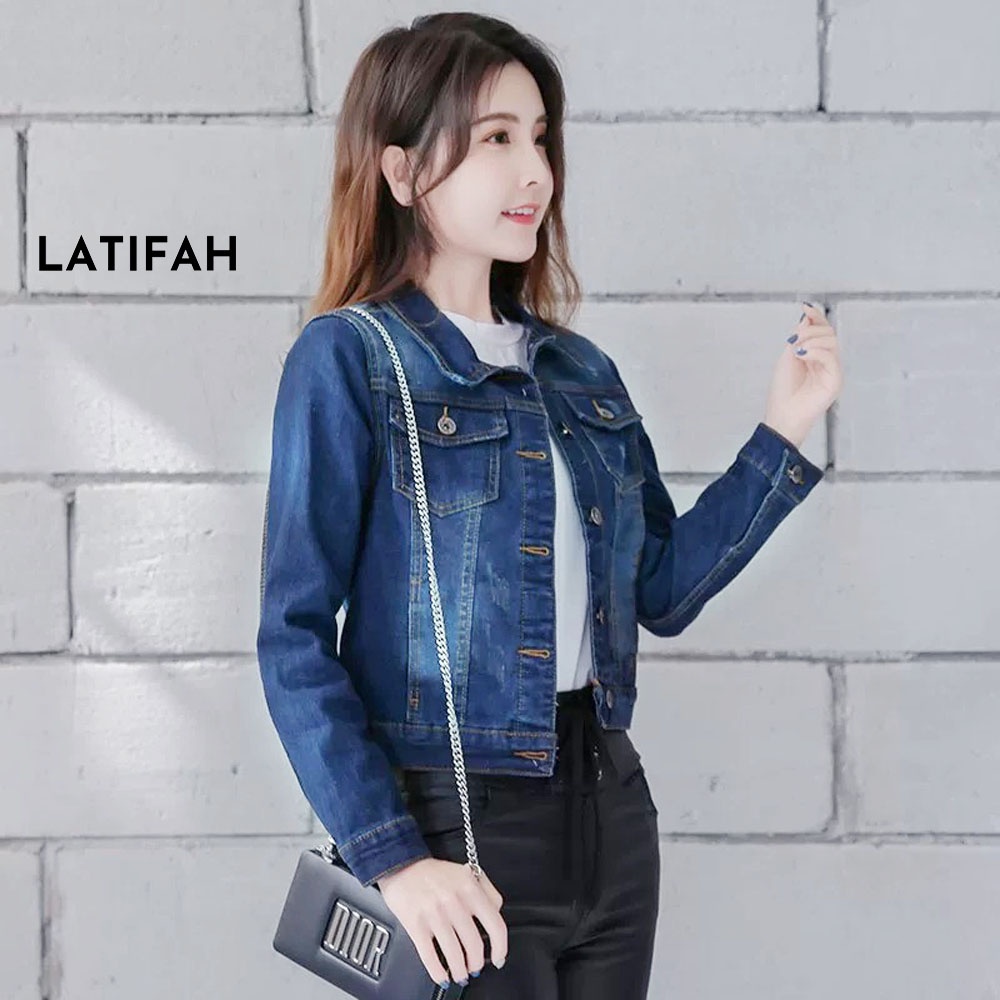 Áo khoác jean nữ LATIFAH co giãn xanh đậm mài xước AK315