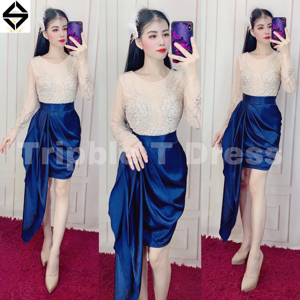 Đầm body ngắn tay dài lưới kết đá cườm TRIPBLE T DRESS - size S/M/L - MS229Y