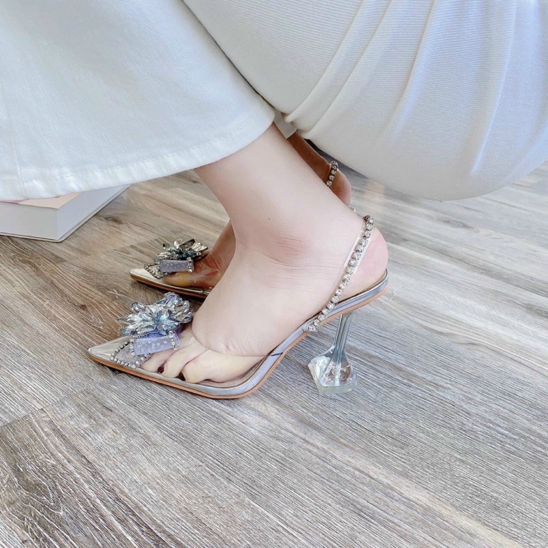 Cao gót thân trong suốt nơ đá quai đá cao cấp