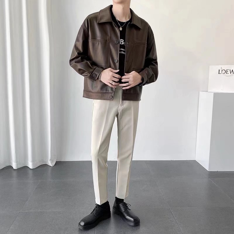 Áo khoác da PU dáng rộng phong cách cổ điển cá tính thường ngày chạy xe mô tô cho nam