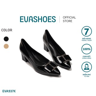 Giày Cao Gót Đế Vuông Mũi Nhọn Phối Nơ Khoá 5cm Da PU Bóng Evashoes - Eva937K