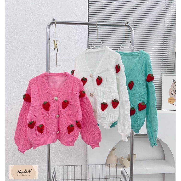 Áo khoác len cadigan dâu tây nổi siêu xinh