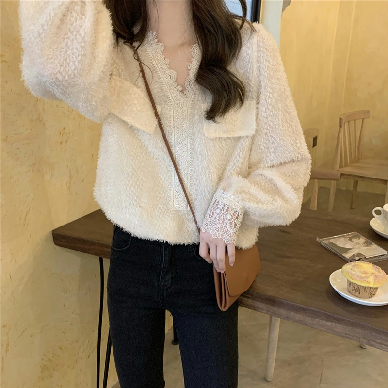 Áo ren SUXI tay dài cổ chữ V màu trơn phong cách vintage thời trang Hàn Quốc