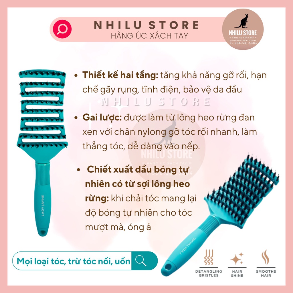 🪵🇦🇺 Lược gỡ rối và làm bóng tóc Lông Heo Rừng Lady Jayne Flexi-Shine Detangling Brush