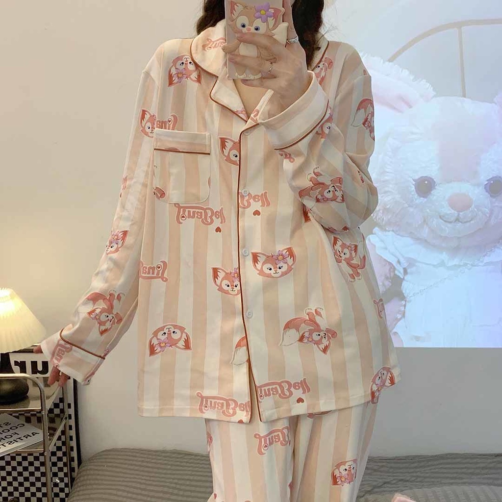 Bán Chạy#Bộ Đồ Ngủ Tay Dài Cổ Bẻ In Họa Tiết Hoạt Hình Dễ Thương Thời Trang Xuân Thu Cho Nữ