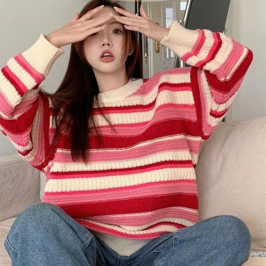 Áo Sweater Cổ Tròn Dáng Rộng Họa Tiết Kẻ Sọc Phong Cách Nhật Bản Thời Trang Thu Đông Mới Cho Nữ