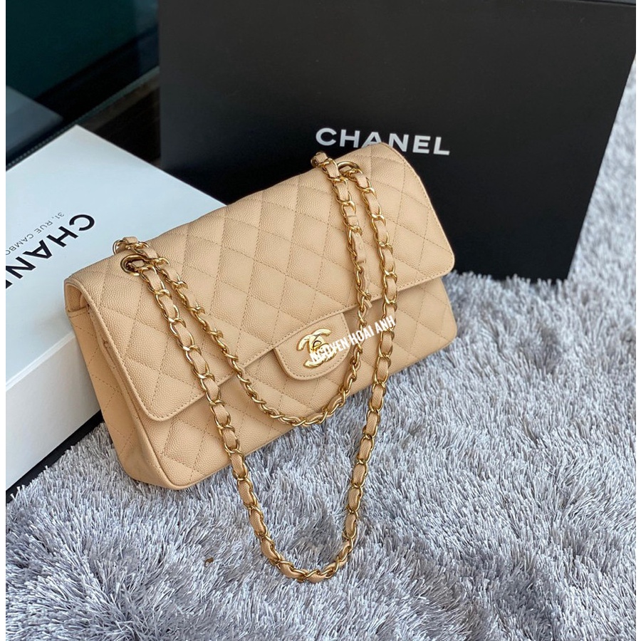 Túi đeo vai túi xách da CN classic da hạt sần trầm trám màu be size to TÚI XÁCH NẮNG - E17B