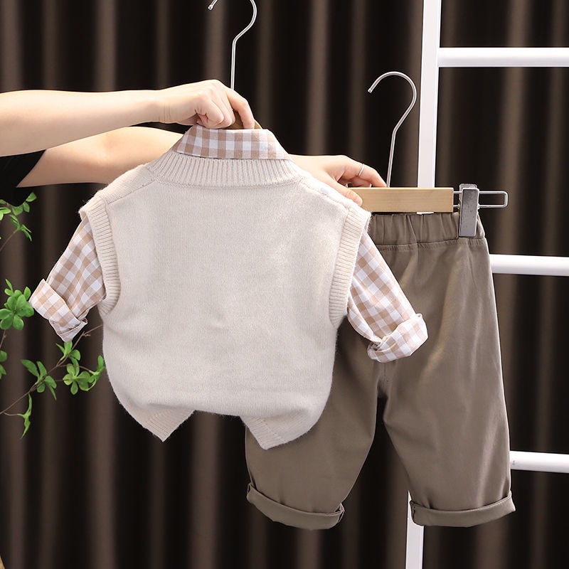 Bộ Áo Sơ Mi Dài Tay + Áo Khoác Ghi Lê Dệt Kim Thời Trang Xuân Thu Cho Bé Trai