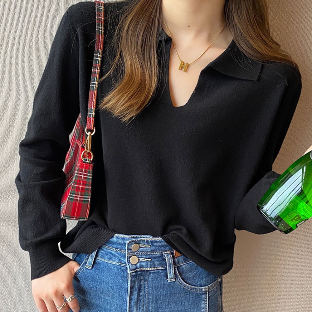 Áo Sweater Dệt Kim Mỏng Tay Dài Cổ polo Màu Sắc Đơn Giản Thời Trang Thu Đông Cho Nữ
