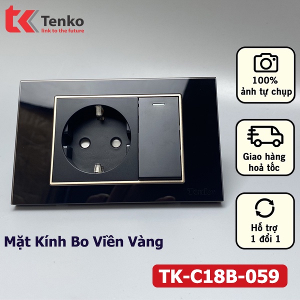 Công Tắc Ổ Cắm Chìm Chuẩn Đức Cao Cấp Mặt Kính Cường Lực màu ĐEN bo viền VÀNG Thương Hiệu Nhật TK-C18B-059