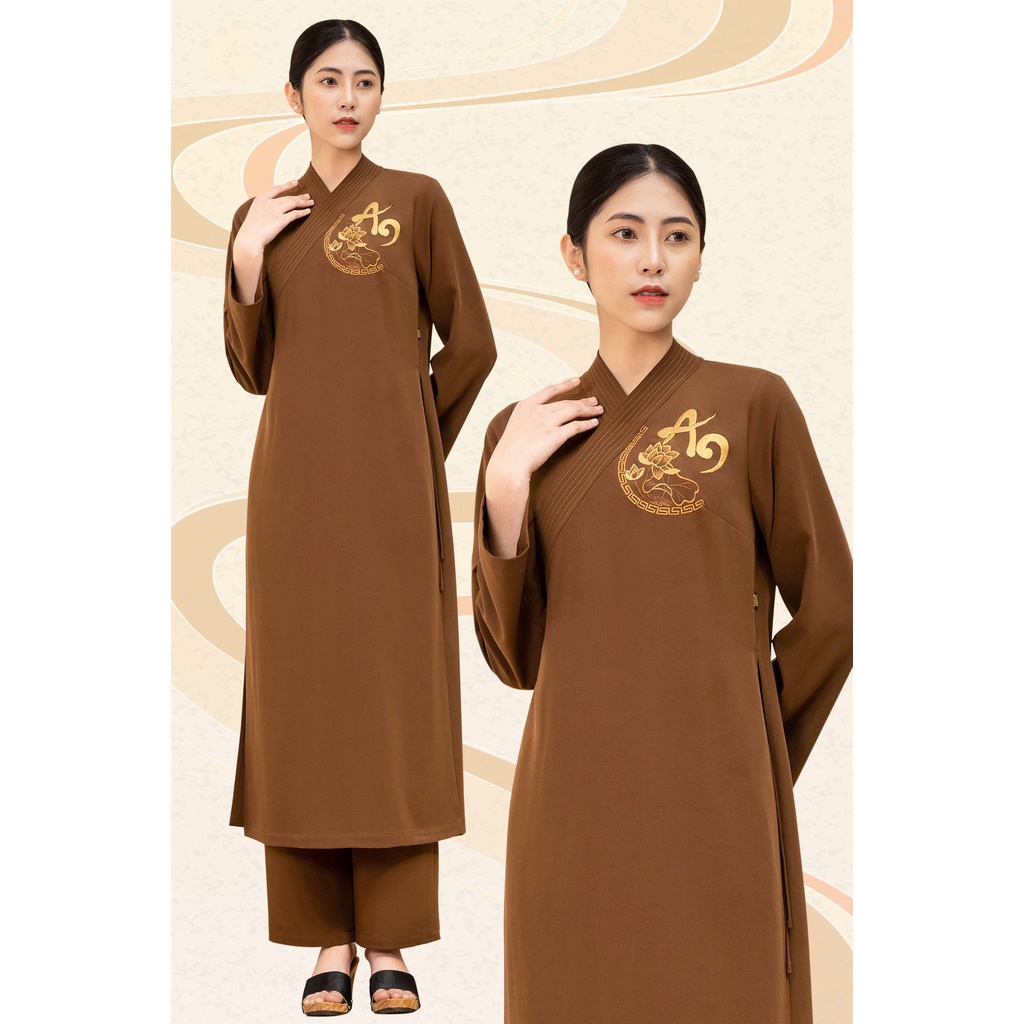Bộ Pháp Phục An Tràng Nâu, Hoa Sen Xanh Lam Truyền Thống Họa Tiết Lụa Thêu AL048
