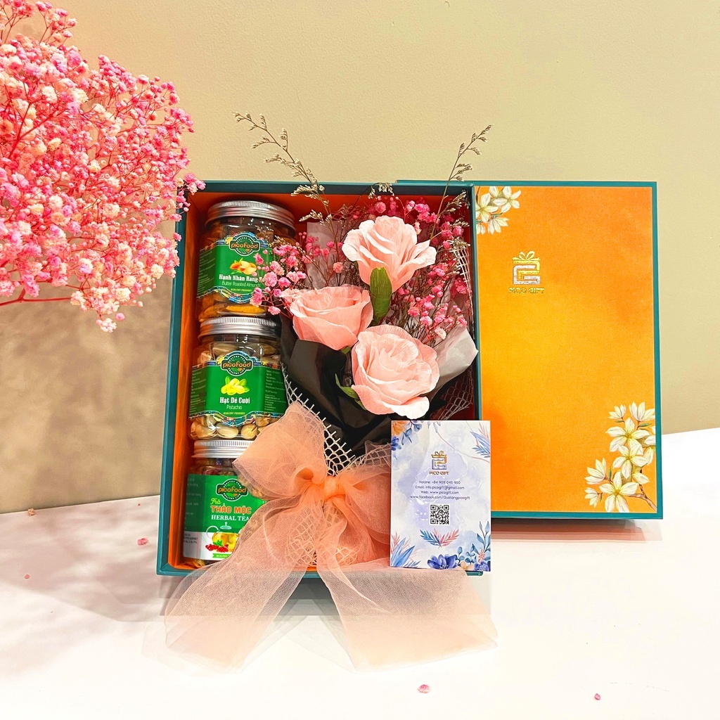 Set Quà Tặng Cao Cấp Cho Nữ 8/3, 20/10 - Hạt Dinh Dưỡng, Trà Hoa Thảo Mộc, Linh Chi Cắt Lát, Bó Hoa Hanmade - PICO FOOD