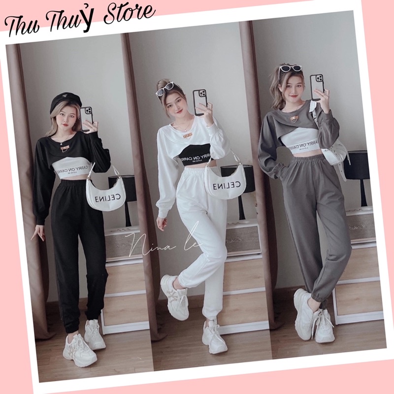 { Sẵn Hàng } Set 3 món len tăm khoét ngực quần jogger siêu hot